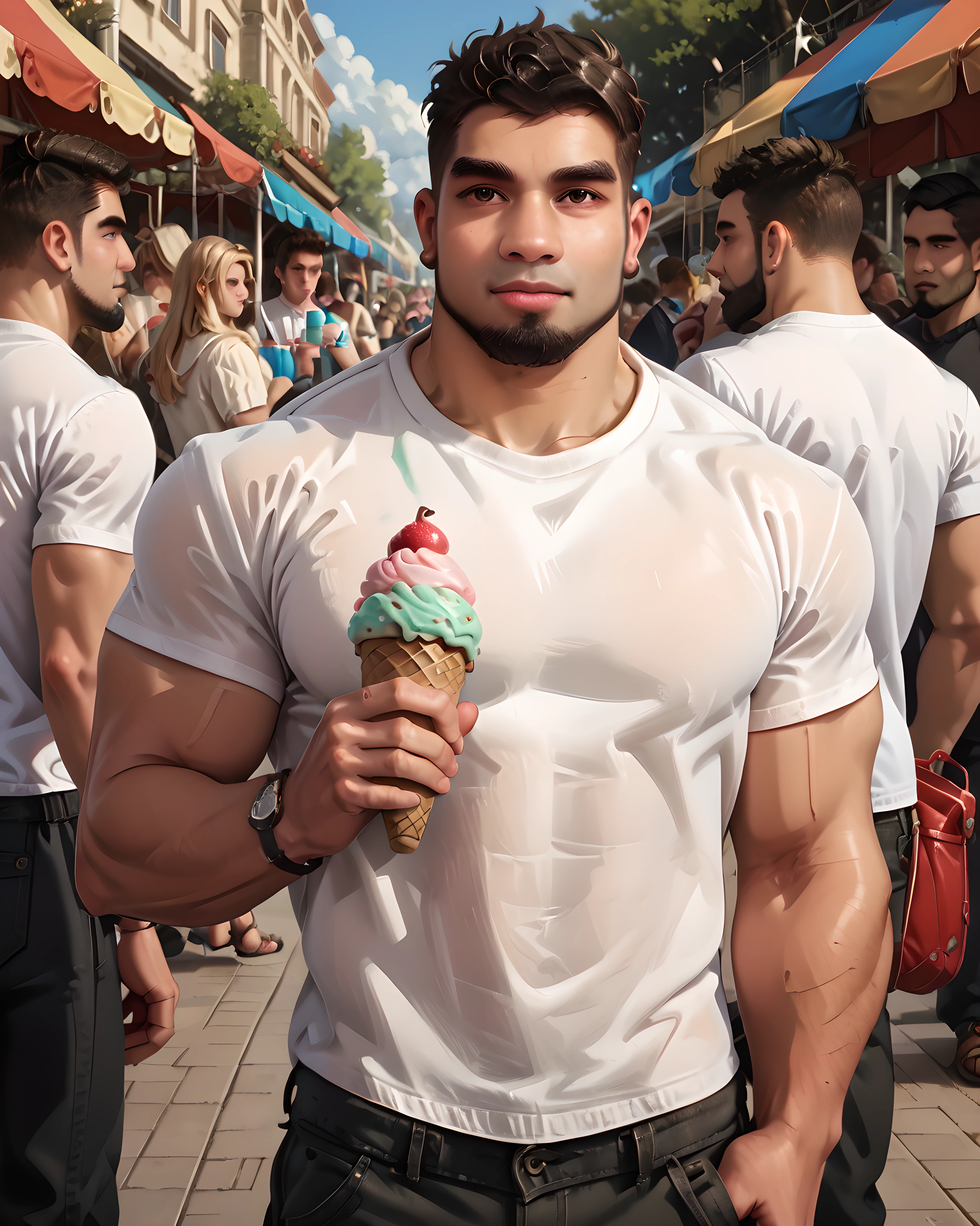 dom_santiago, white t-shirt, holding ice cream, crowd, outdoor, festival, daytime, summer, beard, cowboy shot, looking at viewer, (muscular:1.2) <lora:Dom_Santiago_PonyXL-10:0.9>, score_9, score_8_up, score_7_up,