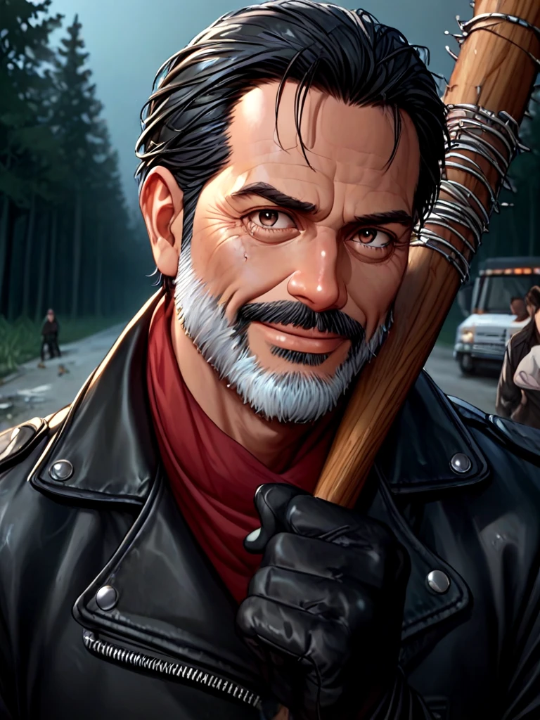 score_9, score_8_up, score_7_up, negan, 1guy, red scraf, black leather jacket, black gloves, narrow waist, 1girl, 2girls, multiple girls, fear, truck, night, forest, realistic, close-up, hand up, arm up, holding weapon, <lora:girlhatenegan_pony:1>