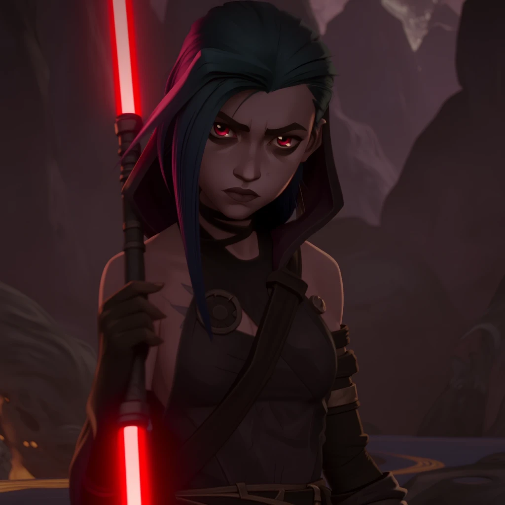 Jinx stands on a dark, rocky planet with a river of lava in the background.  She wears a cloak with the hood up, and she carries a red lightsaber.  Her pink eyes are narrowed maliciously, eyebrows furrowed in anger.  Corrupted veins and dark makeup frame her eyes, giving her an evil look.  Fiery lava illuminates the scene.