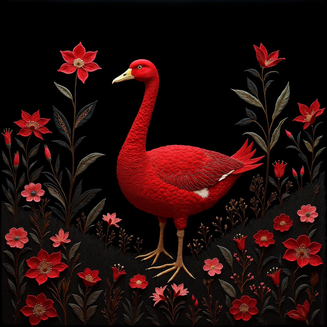 red goose in a black field <lora:Embroidered_Quilting_Flux:1>