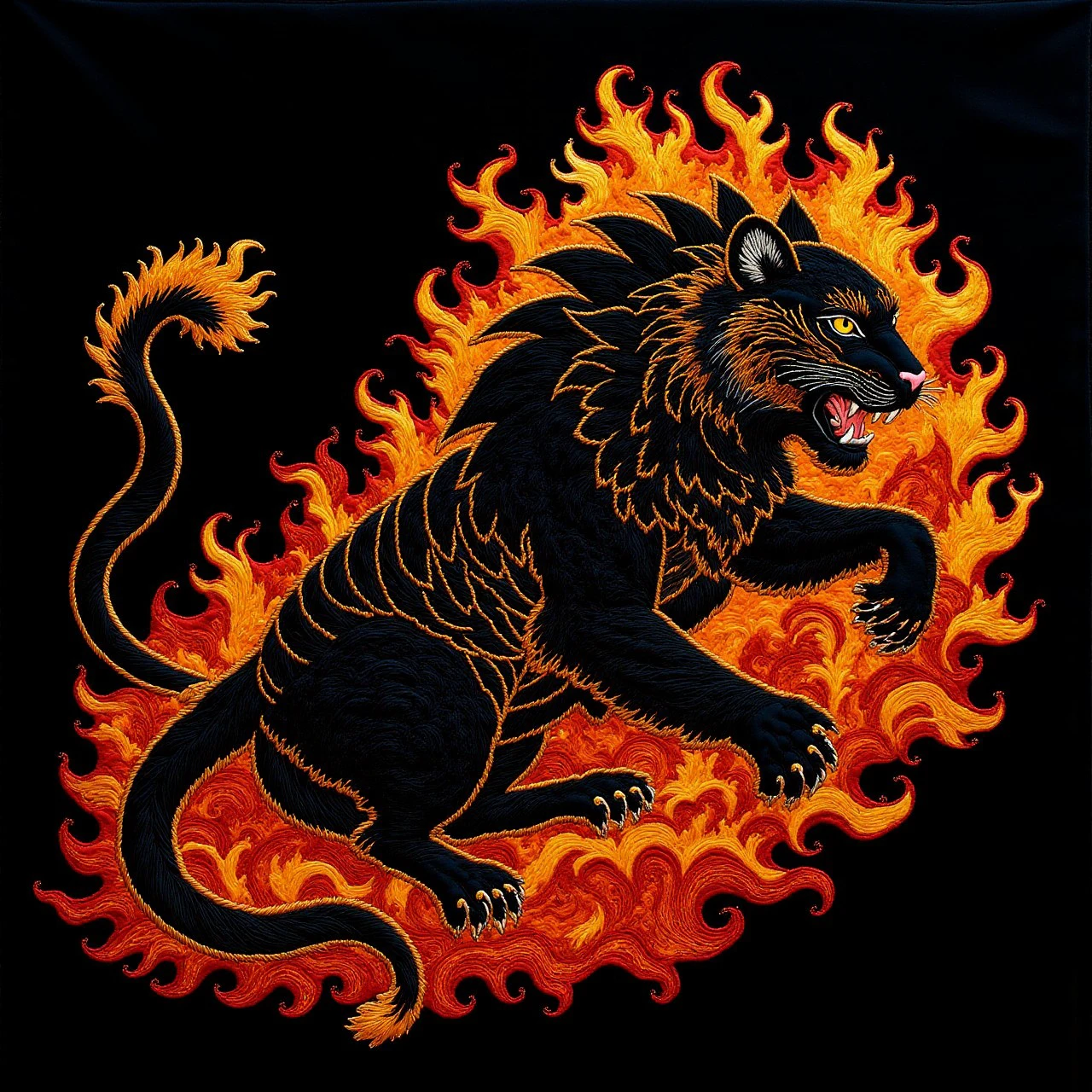 flaming black tiger at midnight <lora:Embroidered_Quilting_Flux:1>