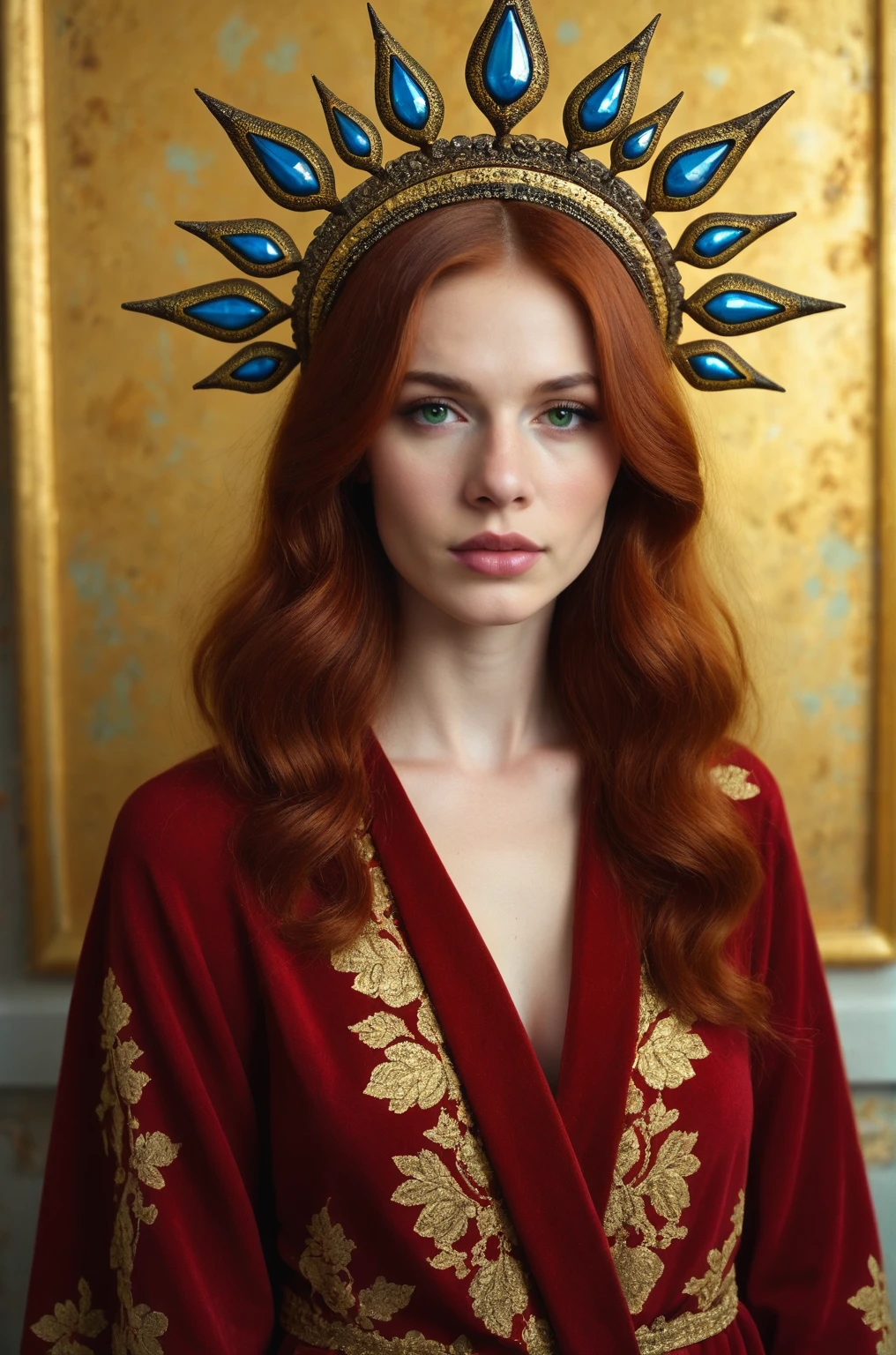 portrait of a regal woman with long, wavy auburn hair draped over her shoulders. She has a fair complexion with striking green eyes and full lips painted a deep burgundy. Her expression is serene, with a touch of melancholy. She is dressed in a luxurious velvet robe in a rich burgundy shade that complements her hair. Adorning her head is an ornate halo-like headpiece, radiating spikes embellished with intricate filigree patterns and embedded with an array of gemstones that catch the light. The background should be a textured, old gold leaf wall that adds an antique charm to the composition, making the subject appear as if she is a part of a Renaissance painting, (raw,score_8_up),photo, raw,realistic