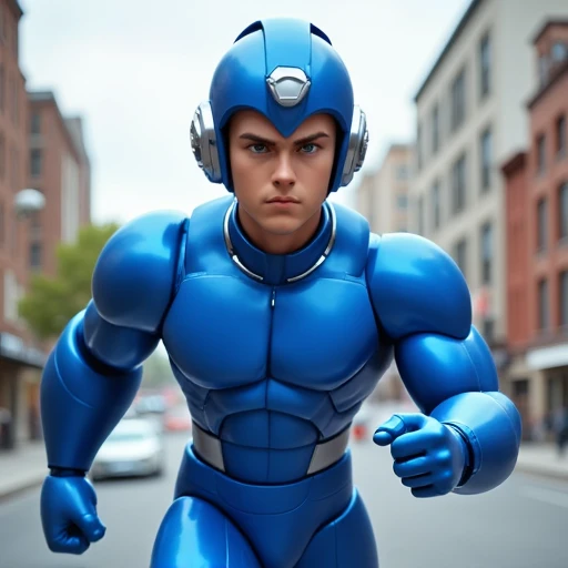 megaman, running on a street, street level, blue robot, 3d++, smooth, high details, masterpiece, 4k, (handsome teen face), (realistic face:1.5), (high detailed face:1.5), (high detailed eyes:1.5), (serious), (focused)