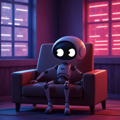 3d,cartoon,disney pixar,awooga,a robot sitting in a chair,solo,cyberpunk room,neon lights