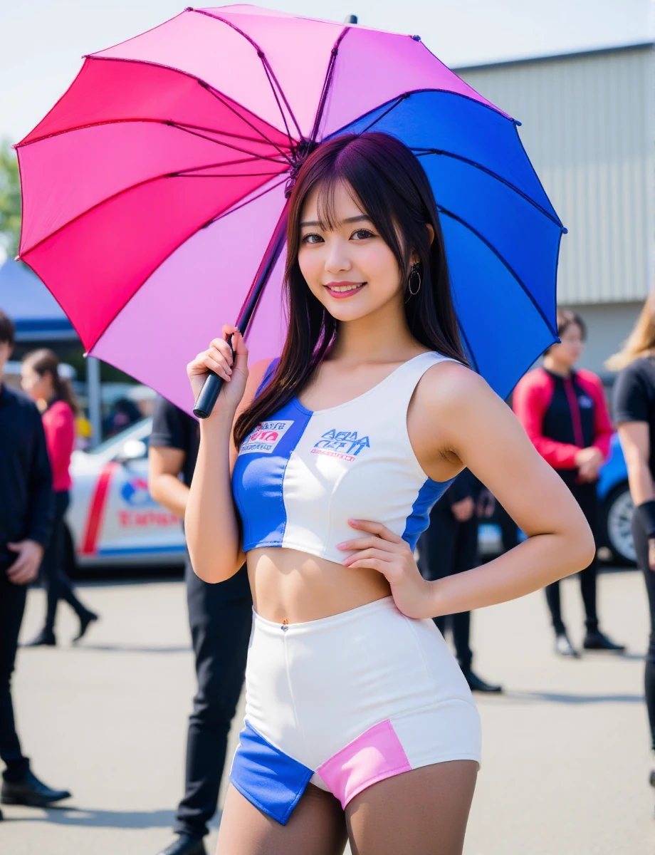 holding a large pink and blue umbrella.  She has long dark hair and is posing with one hand on her hip and the other holding the umbrella with the other. there are several race cars and spectators.,(clothing has spawner logo "toyota" and"GAT1":1.5),race queen,sleeveless,beautiful japanese girl,dynamic angle,<lora:Flux_race_queens:1.2>,<lora:anzu-flux-lora:0.6>,20 years old,pantyhose,, detailed skin texture, (blush:0.5), (goosebumps:0.5), subsurface scattering