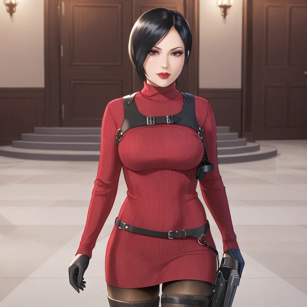 <lora:adawongresidentevil4remake_pony_v1:1>AdaResidentEvil4Remake, 1girl, shoulder holster, black gloves, large breasts, short hair, black hair, thighhighs, pantyhose, thigh holster, sweater, turtleneck, breasts,cowboy shot, lipstick,eyeshadow, cowboy shot