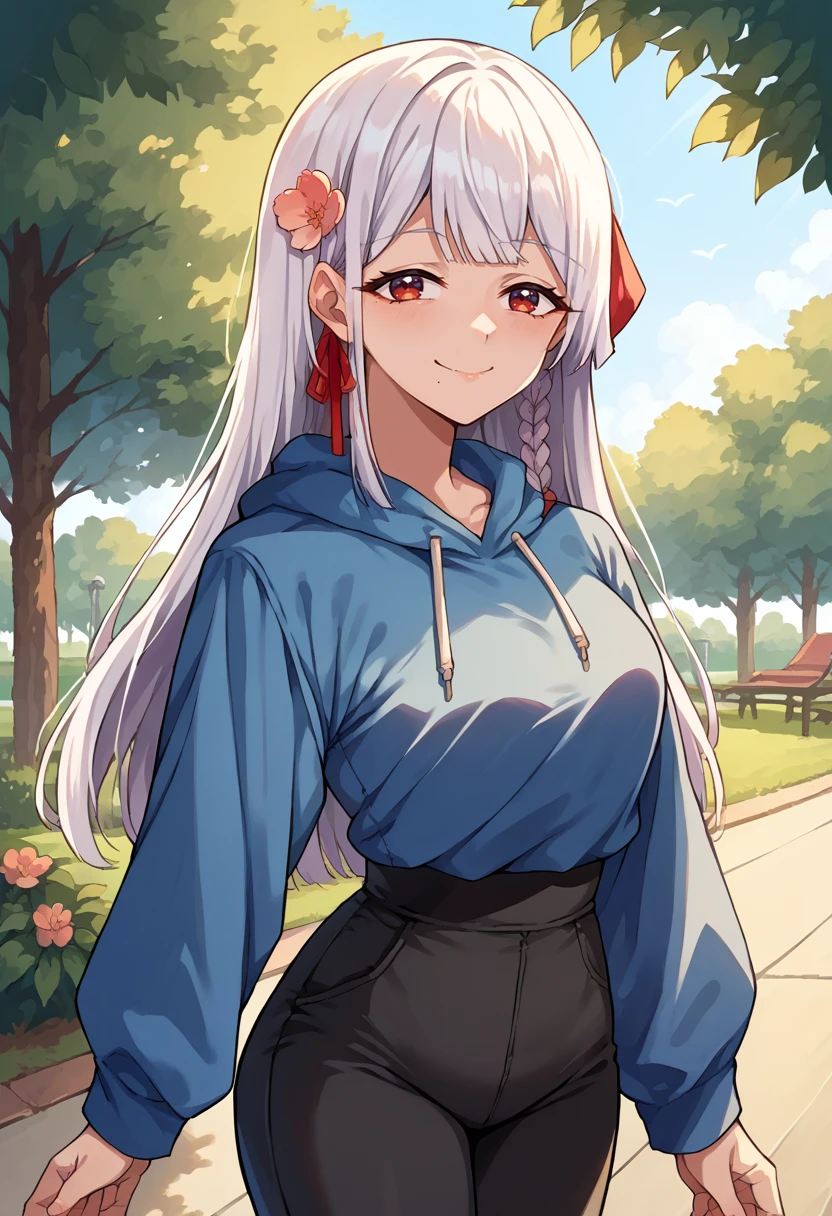 score_9, score_8_up, source_anime, 1girl, solo, FunadaUi, mole under mouth, white hair, long hair, blunt bangs, side braid, red hair ribbon, hair flower, outdoors, park, blue hoodie, high-waist pants, yoga pants, black pants, light blush, smile, <lora:ChamFunadaUiPonyXL:1>