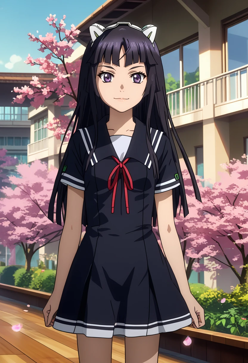 score_7_up, anime screencap,
<lora:GuiltyCrown_TsugumiXL:0.9>,
1girl, closed mouth, light smile,
long hair, black hair, hime cut, purple eyes, fake animal ears, hairband,
TsugumiSchool, black serafuku, black sailor collar, black dress, red ribbon, short sleeves,
standing, looking at viewer, cowboy shot,
blurry background, school, cherry blossoms, falling petals