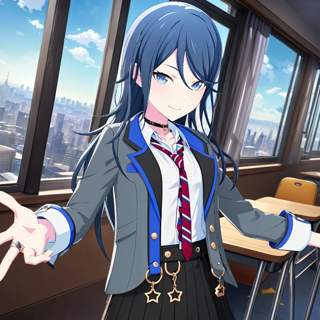 1girl, hoshino ichika \(project sekai\), project sekai, masterpiece, very aesthetic, absurdres, official art, recent,
brandnew ichika, solo, (very long hair:1.2), black hair, blue eyes, sidelocks, straight hair, swept bangs, hair behind ear,
(looking at viewer:1.4),  smiling , standing, reaching towards viewer, BREAK
skirt, jacket, shirt, striped, necktie, pleated skirt, grey jacket, star (symbol), white shirt, collared shirt, black skirt, striped necktie, diagonal-striped necktie, diagonal stripes, red necktie, long sleeves, blazer, open clothes, thigh strap, school uniform, open jacket, shirt tucked in, dress shirt, wing collar, buttons, blue skirt, belt, chain, blue jacket, grey shirt, high-waist skirt, suspenders, sleeve cuffs, star print, jewelry,
indoors, classroom, desks, chairs, window, curtain, warm light,
<lora:sdxl-leo-BNIchika03:1:lbw=0,0,0.2,0.2,0,0.4,0.4,0,0.8,0.8,0,0,0,0.8,0.8,0.6,0.8,0.0,0.0,0.0,0,0,0,0,0,0>