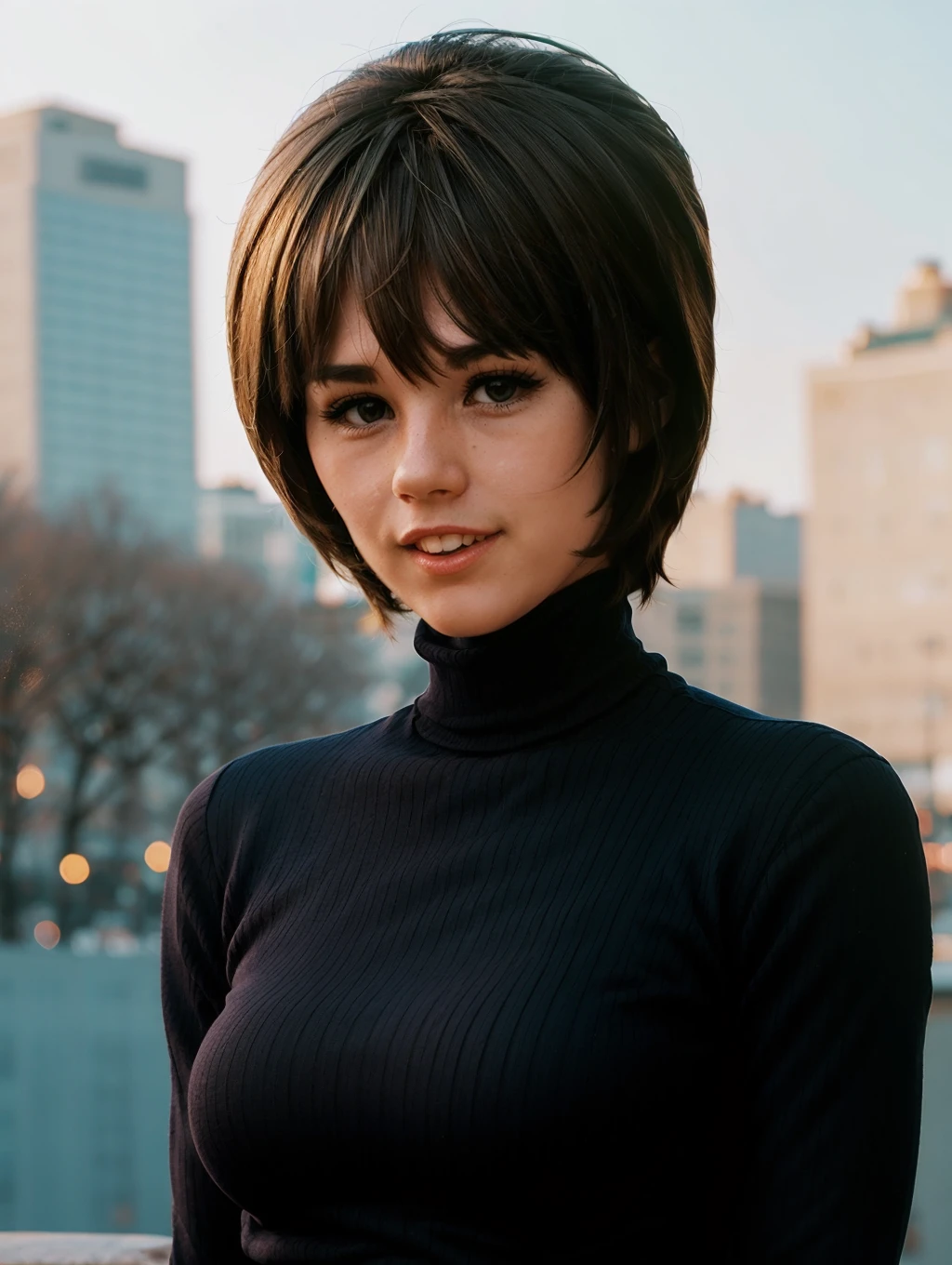 <lora:PE_DianneChandler:1> diannchan8, short hai, 1girl, smile, (turtleneck:1.2), portrait, city background