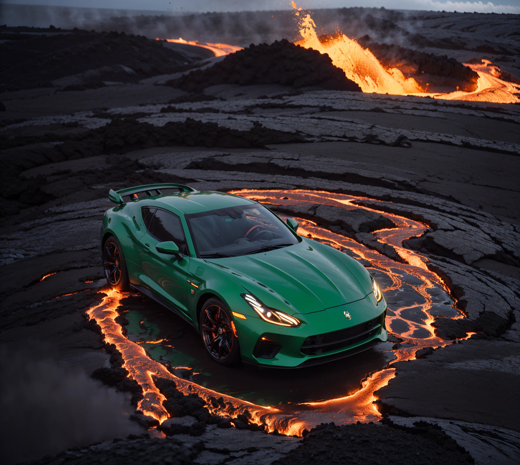 Master piece,highly detailed,best quality,high resolution,
(lava flow\(glowing, full of prospects, flow on volcanics, surrounding sports car\):1.2),no humans,realistic,full shot,depth of field,foreground\(full of lava, no volcanics, no black stone\),
(a green sports car\(parking on volcanics, surrounded by lava flow\):1.2),wide_shot,