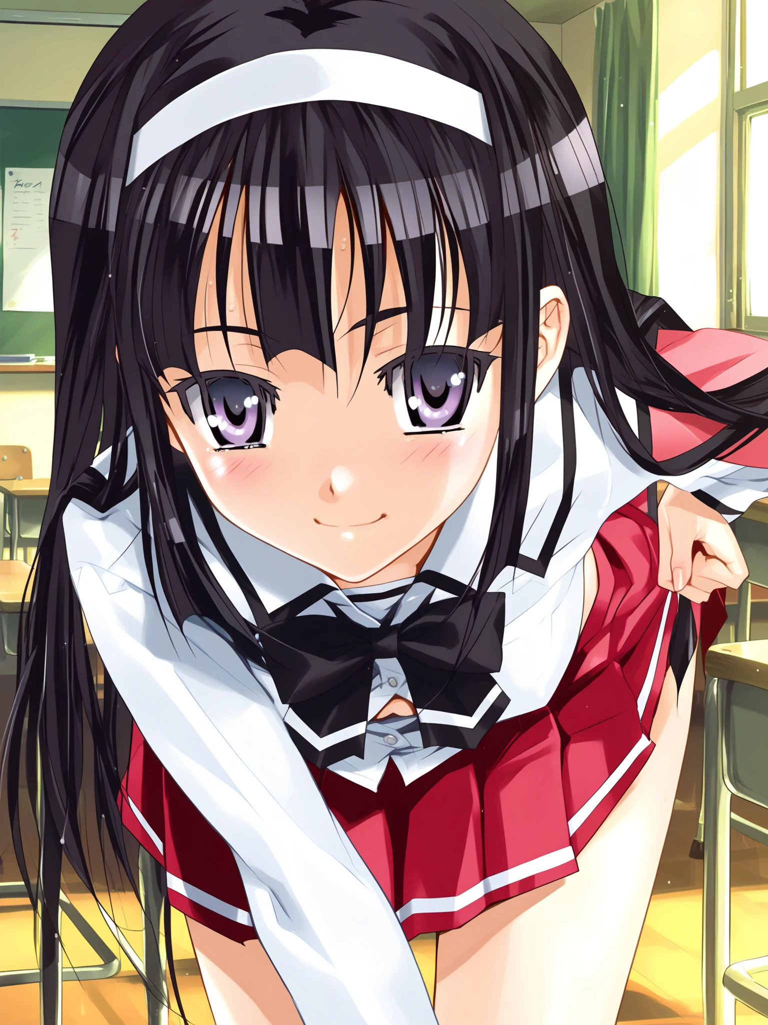 <lora:happy_tentacle-midori-v0.1-000040:1>, ht_midori, school uniform, red skirt, black bow, classroom , 1girl, solo, cowboy shot, thighs , , (happy :1.1), , looking at viewer , bent over, downblouse , , score_9, score_8_up, score_7_up, score_6_up, score_5_up, score_4_up