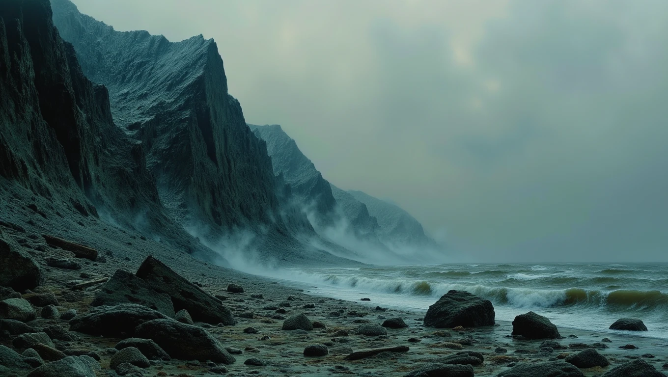 A rocky coastline where the land meets a cold, gray sea. The waves crash violently against the sharp rocks, sending sprays of icy water into the air. The sky is overcast, and the wind is harsh and biting. The beach is littered with the remains of shipwrecks, their broken timbers slowly being consumed by the sea.
  <lora:Dark_Landscapes:1.0>