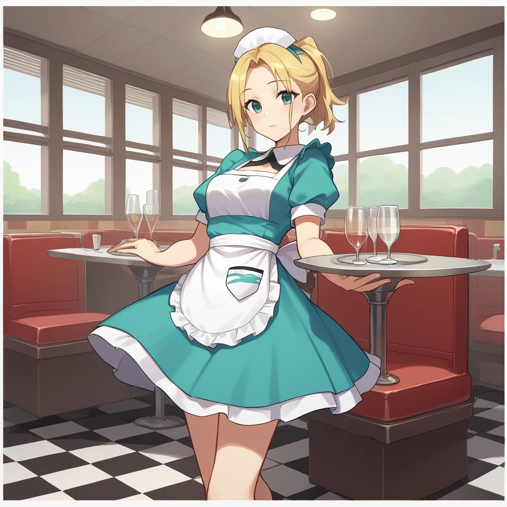 score_9, score_8_up, score_7_up, score_6_up, score_5_up, score_4_up, zPDXL2,source_anime,rating_questionable, cowboy shot, looking at viewer, 1girl , waitress, teal dress, apron, <lora:Diner:0.8> d1ner, indoors, table, checkered floor, red booth chair, window