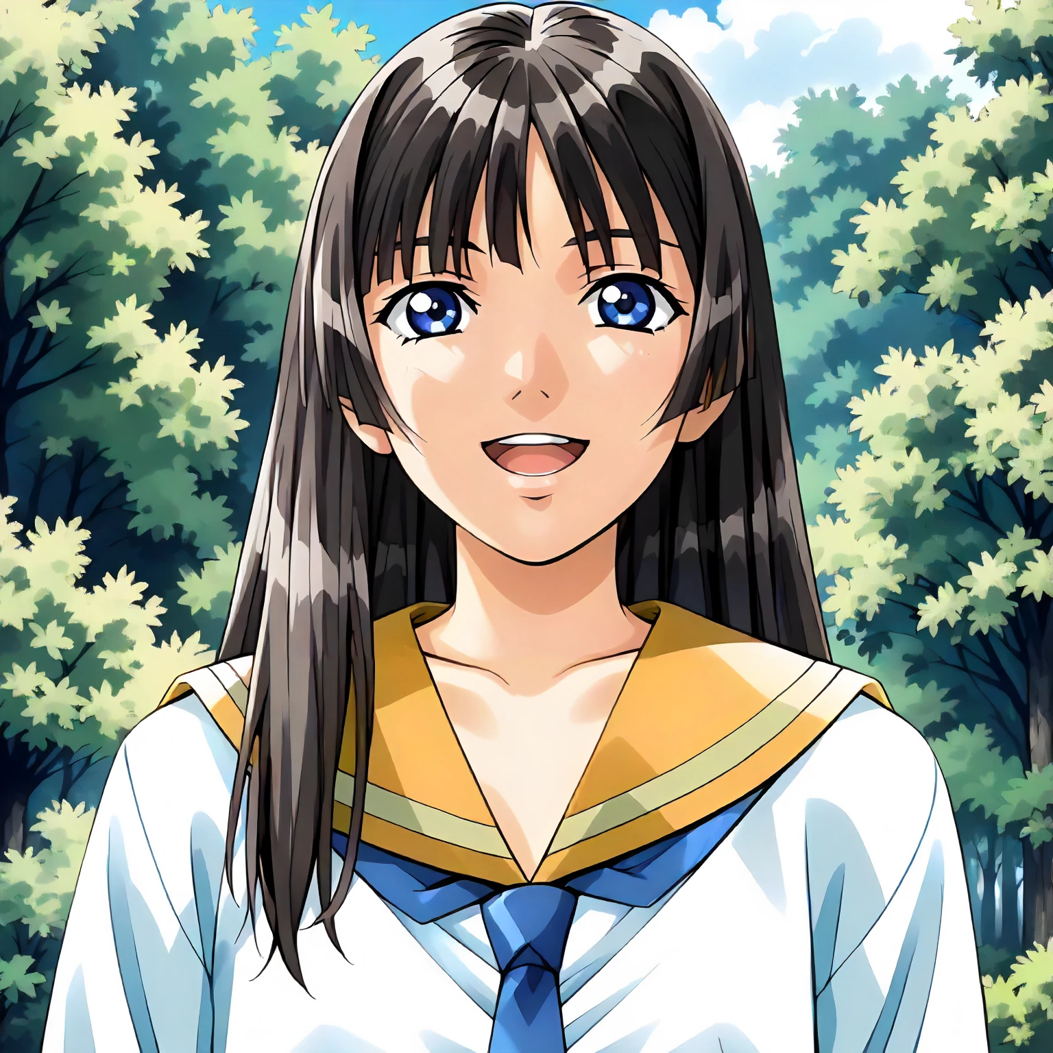 <lora:IS_RumiKitazawaXLpony002>,
outdoors,nature,
smile,open mouth, 
solo,
RumiKitazawa,1girl,black hair,long hair,blue eyes,
white shirt,yellow sailor color,blue tie,long_sleeves,
upper body,