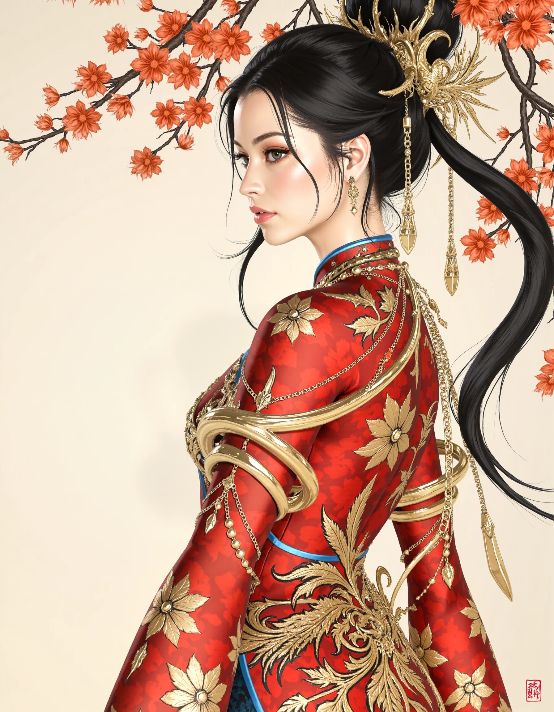 traditional chinese art style, ink on paper, henna and carmine, sepia, BREAK, chinese female warrior, holding chinese sword, dramatic pose pelvic curtain, chinese dress, LOAwdl34pXL, qipao <lora:FluxDFaeTasticDetails:0.7> <lora:Commanding_Leap:0.8>