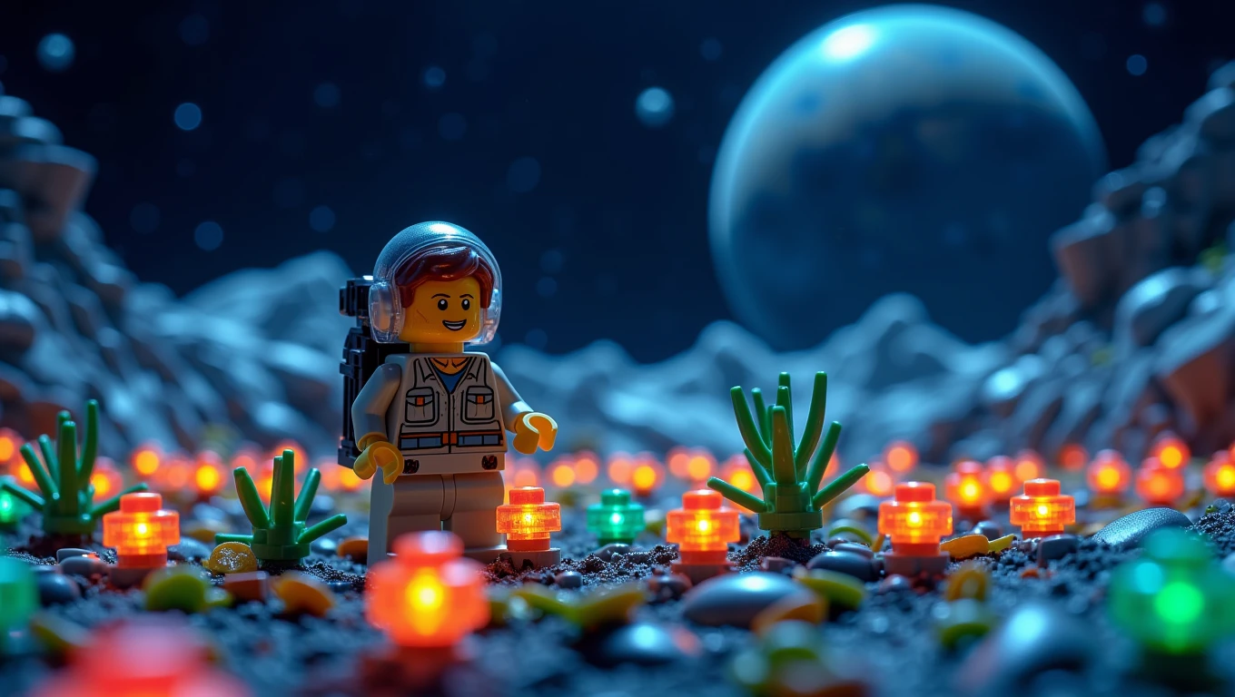 Lego. A space farmer, in a simple but futuristic outfit, tends to a field of bioluminescent crops on a distant, habitable moon. The crops glow with vibrant colors, illuminating the surrounding area as the farmer carefully harvests them. The sky is filled with distant stars and a nearby gas giant planet. The style is peaceful and pastoral, with a focus on the harmony between the farmer and the alien landscape   <lora:Cinematic_Lego:0.6>