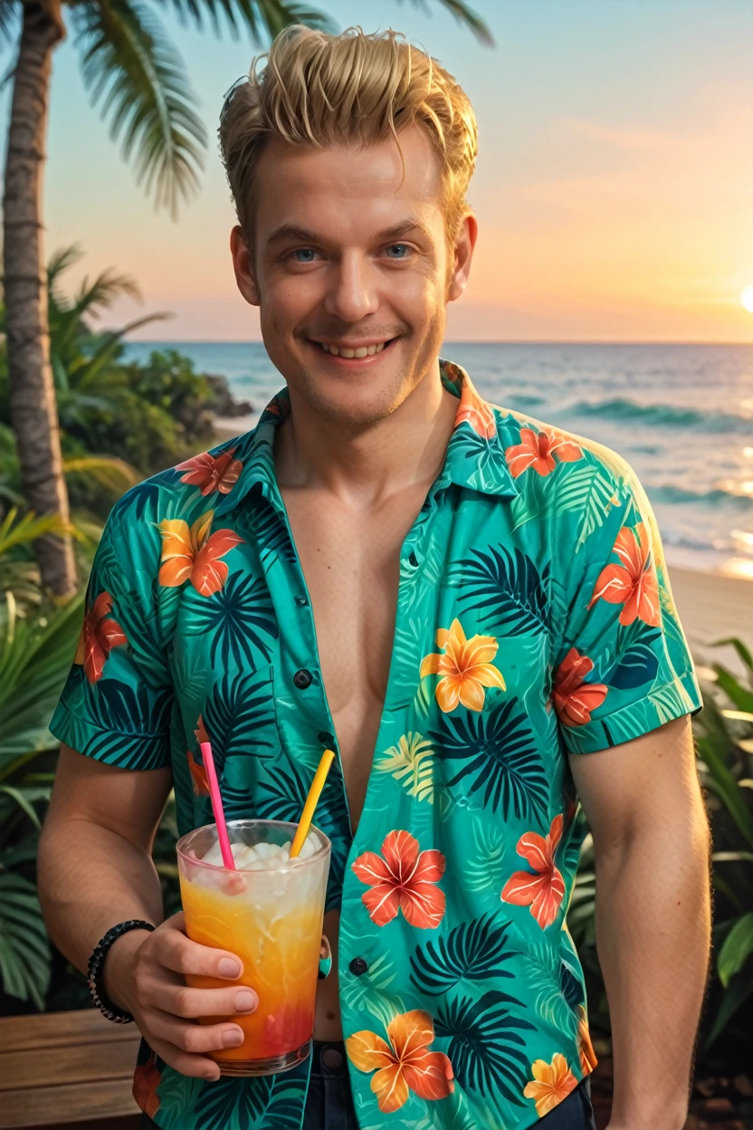 score_9, score_8_up, score_7_up
<lora:AWAlex:1.0>
AWAlex, 1boy, blonde hair, looking at viewer, male model wearing a Hawaiian shirt, smiling, holding a coconut drink, vibrant sunset, palm trees swaying in the breeze, tropical vibes