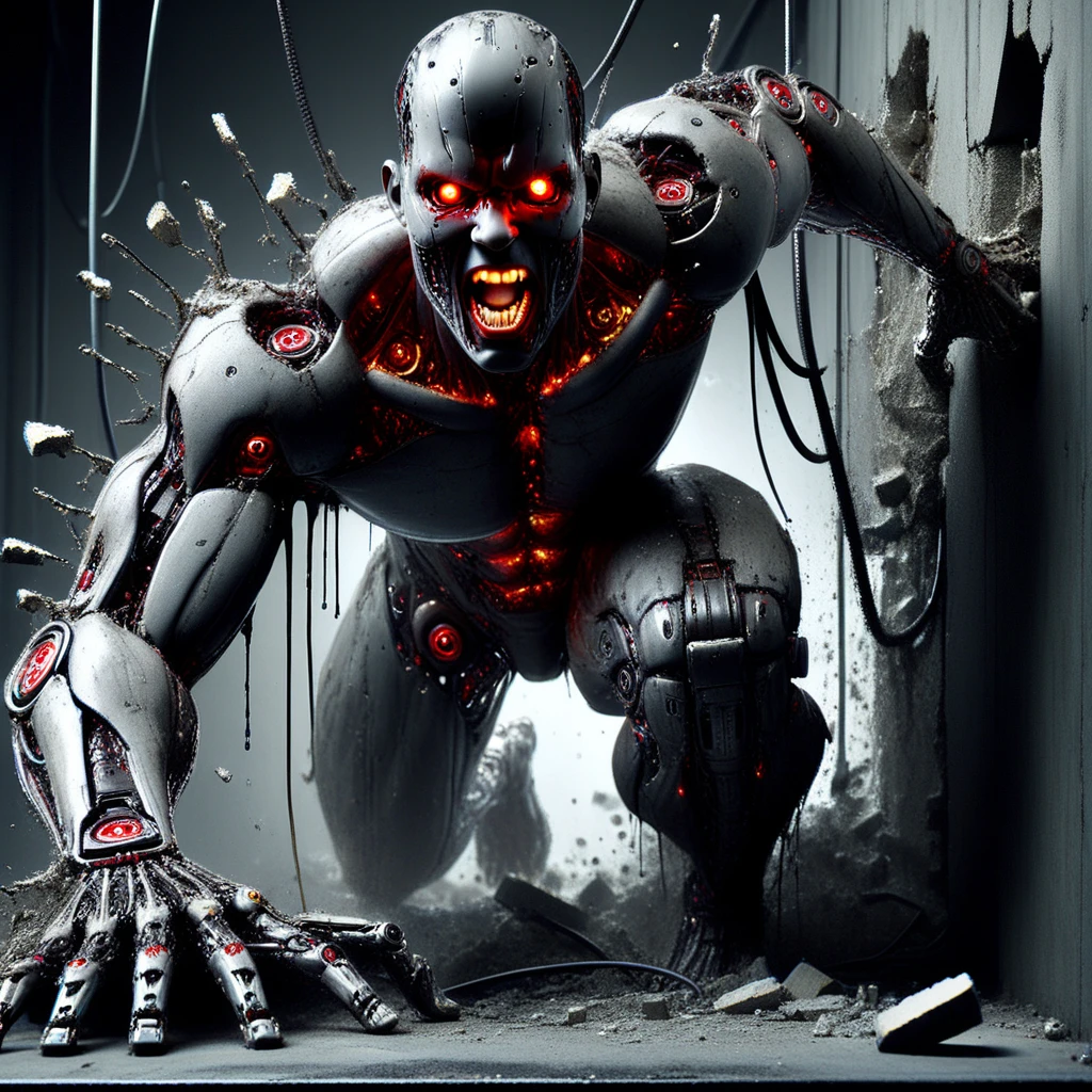 humanoid robot, 1boy, synthetic skin, exposed muscles, breaking through a concrete wall, dynamic pose, male focus, robot joints, dripping oil, grease, hyper-realistic, full body in frame, intricate mechanical components, solo, no humans present, bald head, glowing red eyes, intense expression, wide open mouth, visible teeth, extra arms, three mechanical arms, three hands, detailed mechanical fingers, mechanical legs, mechanical feet, barefoot, glowing red accents, scattered rubble, debris from wall, thick cables hanging, industrial setting, dark and gritty atmosphere, horror theme, cinematic lighting, high detail, immersive realism