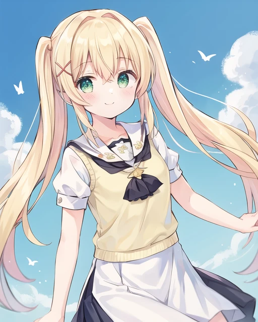 tsumugi,1girl,blonde hair,long hair,bangs,green eyes,twintails,x hair ornament,short sleeves,hair between eyes,looking at viewer,white shirt,smile,school uniform,blush,yellow sweater vest,pleated skirt,sailor collar,white skirt,puffy short sleeves,double_v,<lora:you-(7):0.8>,