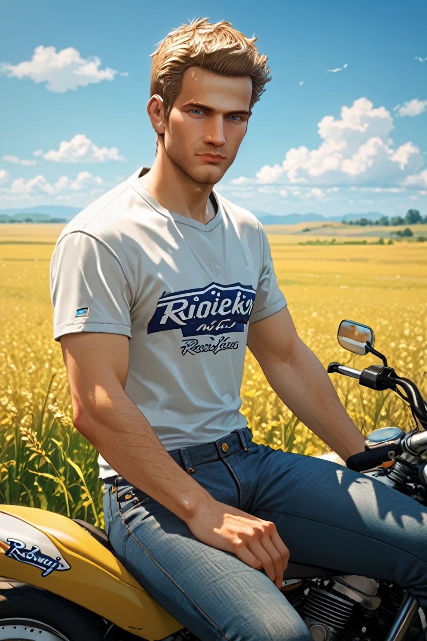 score_9, score_8_up, score_7_up
<lora:DR2Chuck:1.0>
DR2Chuck, 1boy, blonde hair, blue eyes, looking at viewer, sitting on a motorcycle in an open field, wearing a white t-shirt and jeans, wind in his hair, vast sky above, rebellious yet calm atmosphere