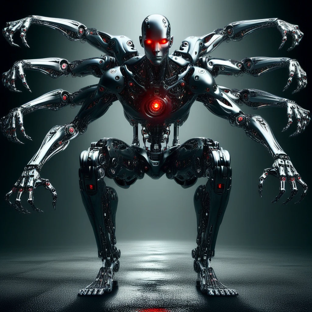 humanoid robot, chrome plated metallic frame, male focus, robot joints, realistic, full body, mechanical parts, solo, no humans, glowing, bald, glowing red eyes, looking directly at viewer, no nose, no mouth, emotionless, extra arms, 6 arms, mechanical arms, 6 hands, mechanical hands, open hands, mechanical fingers, mechanical legs, mechanical feet, barefoot, road, street, cars, dark, dust, nightmarish urban setting, horror (theme)