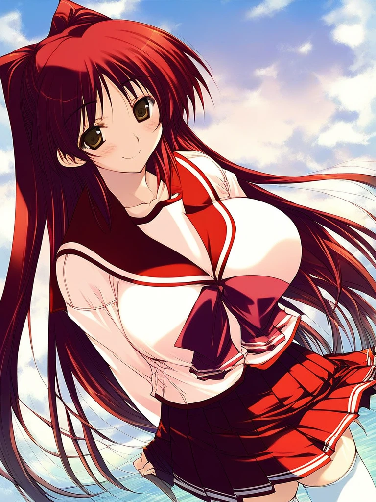 score_9, score_8_up, score_7_up, source_anime, rating_explicit, BREAK <lora:Kousaka_Tamaki_XL:1> KousakaTamaki, red hair, long hair, brown eyes, large breasts,
KousakaTamaki, 1girl, solo, school uniform, skirt, serafuku, long sleeves, pleated skirt, thighhighs, smile, arms behind back, zettai ryouiki, blush,
day,