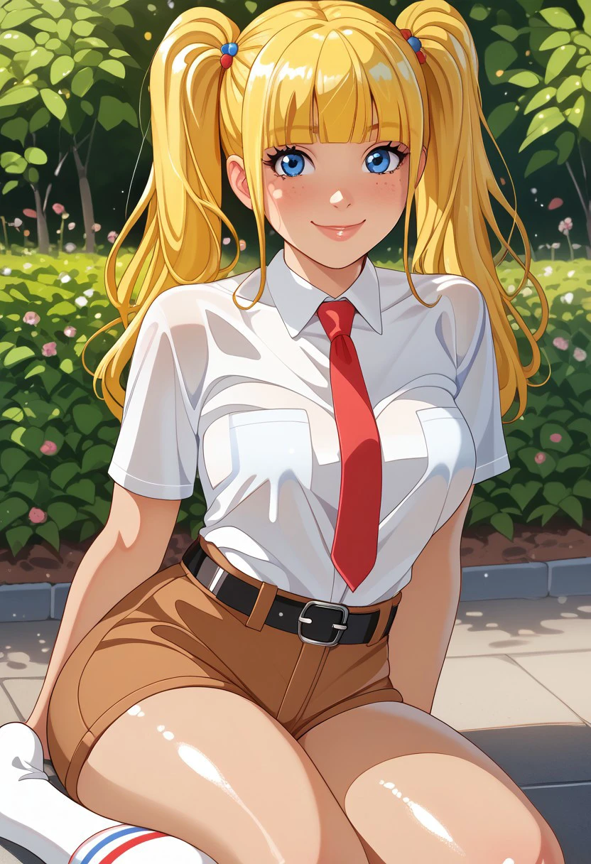 score_9, score_8_up, score_7_up, , shiny skin:0.1, source_anime, , deep skin,, high quality, highres, , 1girl, (curvy), ((wide hips)),, thick thighs, cute, , sexy, medium breasts, solo, SBSPGijinka, yellow hair, blue eyes, short sleeves, collared shirt, white shirt, red necktie, brown shorts, black belt, white socks, striped socks, freckles, smile, twintails, blunt bangs, closed mouth, outside