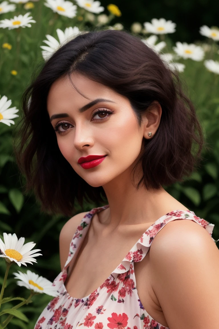 robvas-362, ((detailed eyes, detailed face):1.2),  ((red lipstick, blush)), ((fully clothed, modest)), ,photo of a woman, RAW, close portrait photo, ((beautiful floral print sundress)),((short hair, pixie cut)), ((outdoors, gorgeous meadow, walking)),  8k uhd, dslr, soft lighting, high quality, film grain, Fujifilm XT3 sharp focus, f 5.6,, slight smile, ((detailed eyes, beautiful eyes, detailed face, beautiful face)),