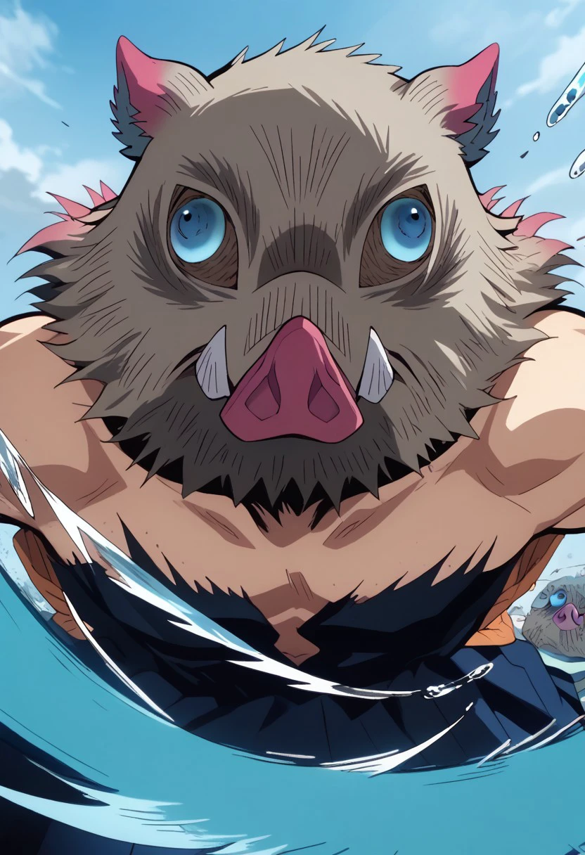 score_9, score_8_up, score_7_up, source_anime, rating_safe, blue-white_Inosuke_stylized slash, InosukeDS, grey-pink_Inosuke_boar mask, white_Inosuke_tusks, blue_Inosuku_boar eyes, 1boy, male focus, anime screencap,