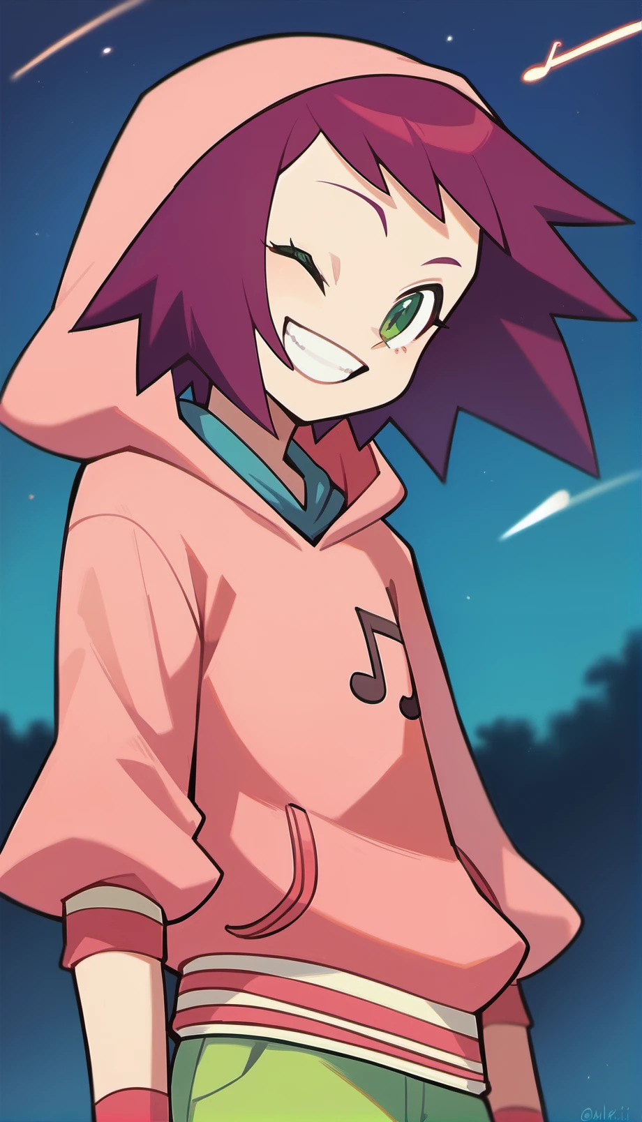 score_9,score_8_up,score_7_up,
<lora:soniastrumm:0.9>,
highres,
misorahibiki,
1girl,solo,
purple hair,short hair,bangs,
green eyes,looking at viewer,one eye closed,
grin,
pink sweatshirt,a musical note printed on the hoodie,
long fingerless gloves,
green shorts,
upper body,
blurry background,outdoors,night,starry background,starry night,(shooting star:1.1),bloom,light particles,lens flare,lens flare abuse,