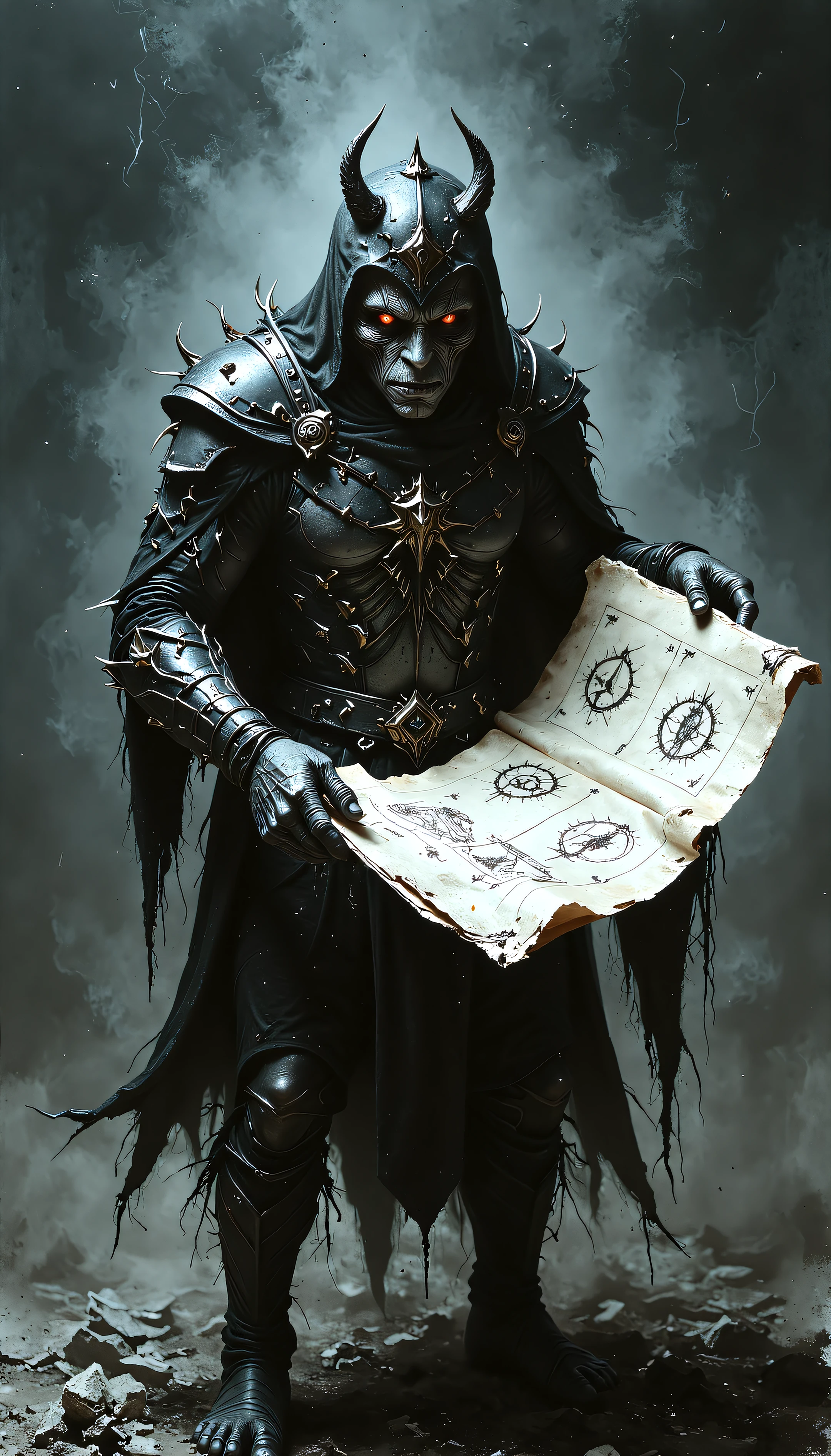 devast8, closeup of fantastical image of a floating-evil-wrath holding a large-open-scroll-with-demonic-symbols,black-flowing-bandages,grey-tattered-garments,dynamic motion,motion blur,death-magic-energy-surrounding,pestilence,dark-magic-energy-arcs,