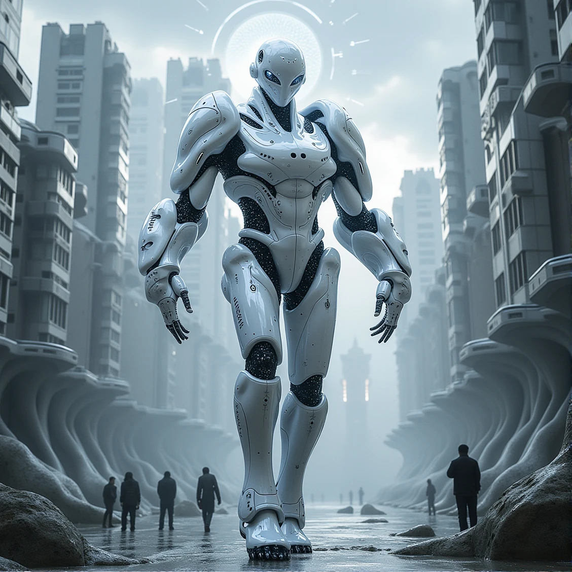 mechwhite,a demi-god made of misery-tech machinery figure and (floating:1.15) in sci-fi city, outside scenery,mechanical_halo behind its figure, 