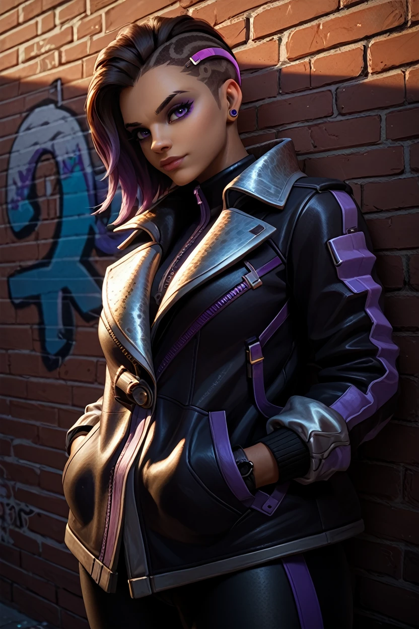 score_9, score_8_up, score_7_up
<lora:OSombra:1.0>
OSombra, 1girl, brown hair, purple eyes, undercut, looking at viewer, leaning against a brick wall, hands in jacket pockets, urban alleyway with graffiti art, moody lighting with shadows, edgy and modern vibe