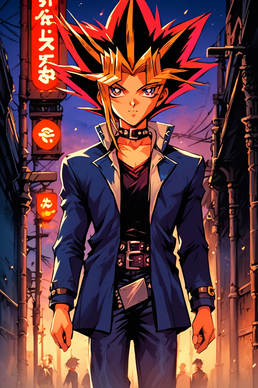 score_9, score_8_up, score_7_up, score_6_up, score_5_up, score_4_up, <lora:Yami_Yugi_Pony-000008:1>, yami yugi, black hair, blonde hair, multicolored hair, spiked hair, black shirt,  sleeveless shirt, blue jacket, jacket on shoulders, choker,  bracelet, belt, pants, puzzle, 1boy, <lora:nostalgia:0.8>,  retro,  <lora:Dark Retro Scifi Pony Style V2:0.2>, D4rkR3troSc1f1,  <lora:Neon_Splash_Art_for_Pony:0.2>, mad-cbrpnksplshrt, alone, looking at the viewer, masterpiece, highres, highly detailed face, highly detailed shining eyes, symmetrical highly detailed eyes,  entire body, legs, shining body, night, street, walking down the street, neo tokyo well lit highrise building, filled with neon signs, well lit by red neon lights, translucid, skycrapper