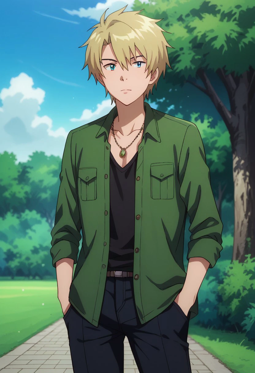 score_9, score_8_up, score_7_up, source_anime, highly detailed, 
yamatri, 1boy, outdoors, tree, male focus, jewelry, necklace, day, sky, pants, shirt,blonde hair,
jacket, open clothes, cloud, black pants, green jacket, open jacket, standing, pocket, hand in pocket,
blue sky, upper body,