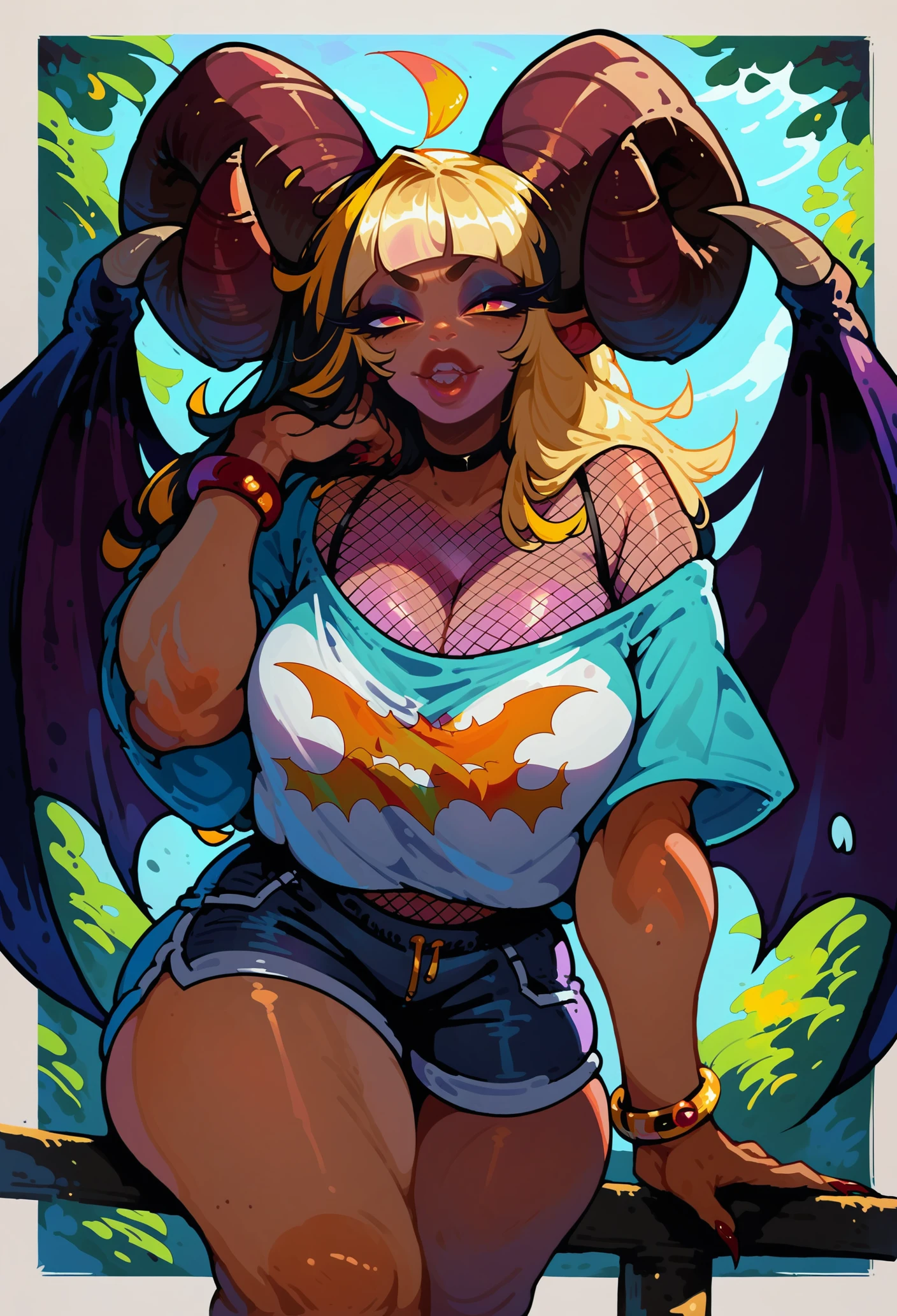 score_9, score_8_up, score_7_up,
1mature female, demon, big horns, bat wings, bat ears, gold hair highlights, big breasts, cleavage, wide hips, lips, thighs,
oversized shirt, fishnet top, bracelet, shorts, 
on front, 
<lora:DetailedEyes_V3:1> <lora:Luminous_Rhapsody:0.7>