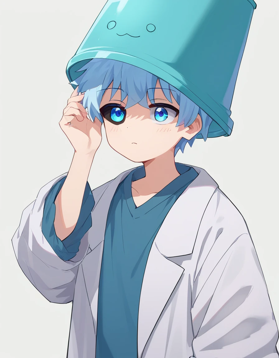 <lora:Nanao:1>,zPDXL2,nanao,1boy,solo,(mismatched sclera:1.2),colored sclera,(black sclera:0.5),oversized clothes,bucket on head,hand on headwear,lab coat,blue shirt,