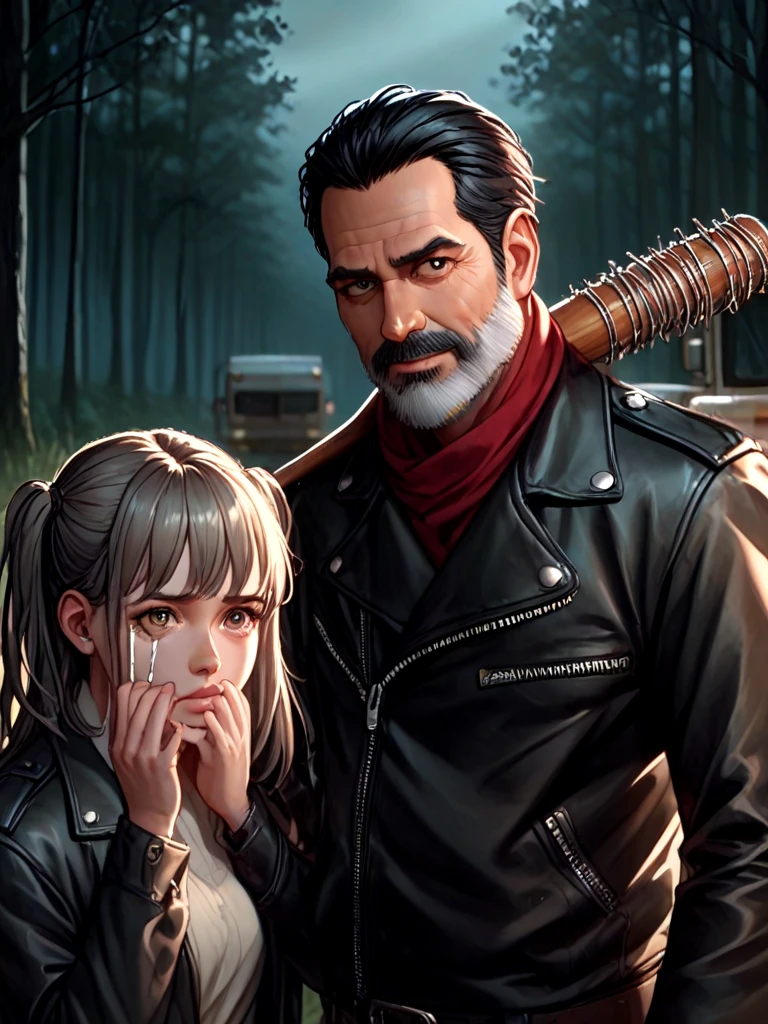 score_9, score_8_up, score_7_up, negan, 1guy, red scraf, black leather jacket, black gloves, narrow waist, two side up, 1girl, 2girls, multiple girls, fear, truck, night, forest, realistic, close-up, hand up, arm up, ((holding weapon)), <lora:girlhatenegan_pony:1>