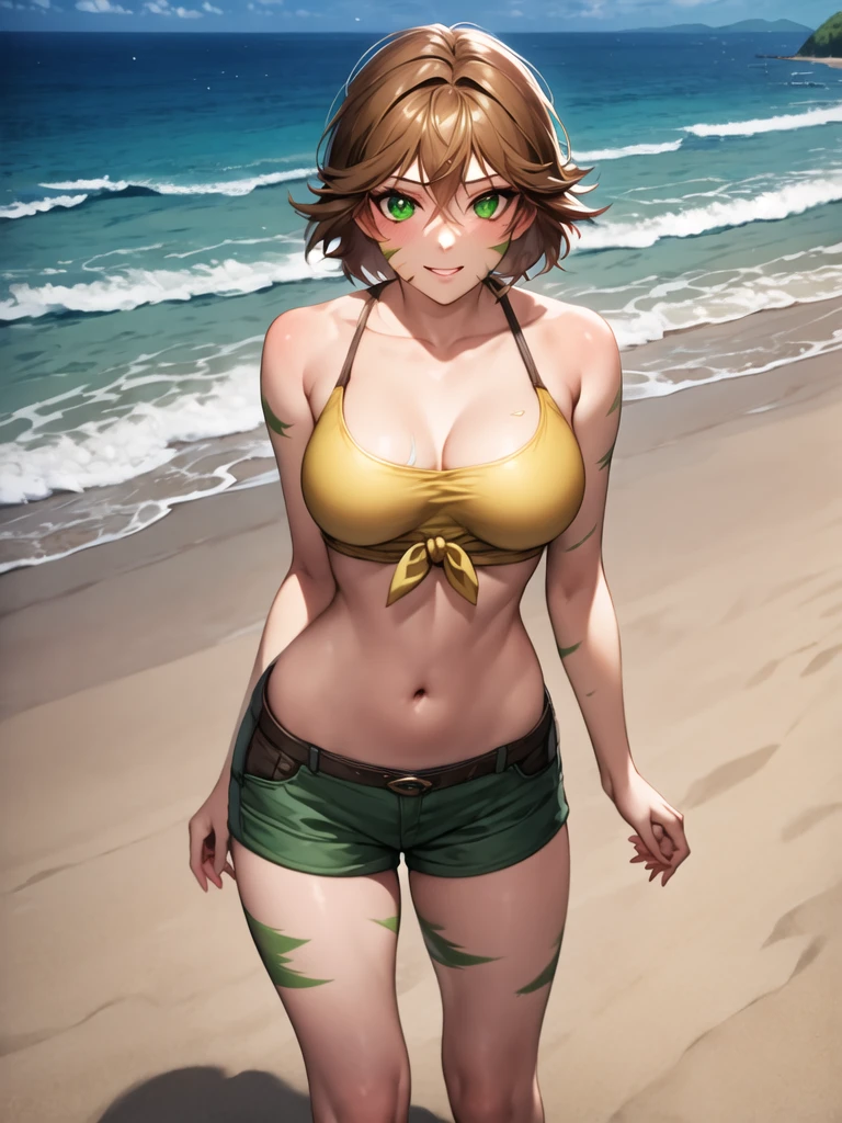 <lora:Toko_Amada_SD15:0.9>, Toko Amada, green eyes, short hair, brown hair, scar, breasts, tied shirt, midriff, navel, green shorts, 1girl, standing, alone, looking at the viewer, masterpiece, highres, highly detailed face, highly detailed shining eyes, symmetrical highly detailed eyes, entire body, legs, beach, sea, sand