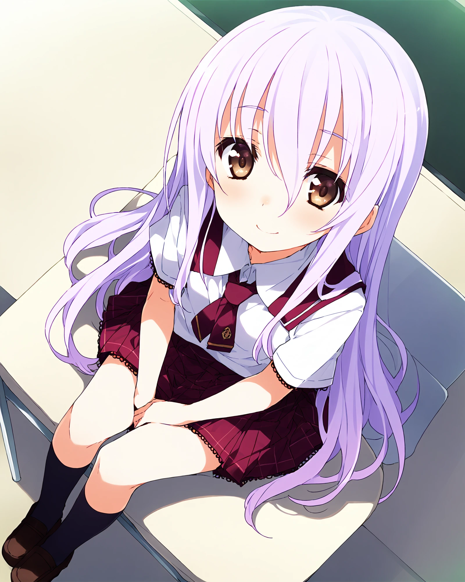 score_9,score_8_up,score_7_up,by mika pikazo,by ogipote,anime,from_above,full body,mayuki,sitting,solo,1girl,lilac_hair,very_long_hair,brown eyes,school_uniform,black_socksr,looking_at_viewer,blush,smile,<lora:MayukiXL_V2:0.9>,