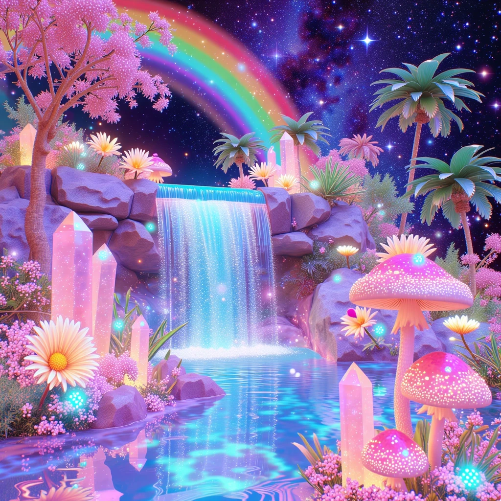 xdlx style, aesthetic digital photo, waterfall in an artificial environment tropical paradise, bubbles and crystal formations, glowing flowers, chromatic gradient, night sky with lots of stars, bioluminescent mushrooms, glitched data mosh vaporwave aesthetic