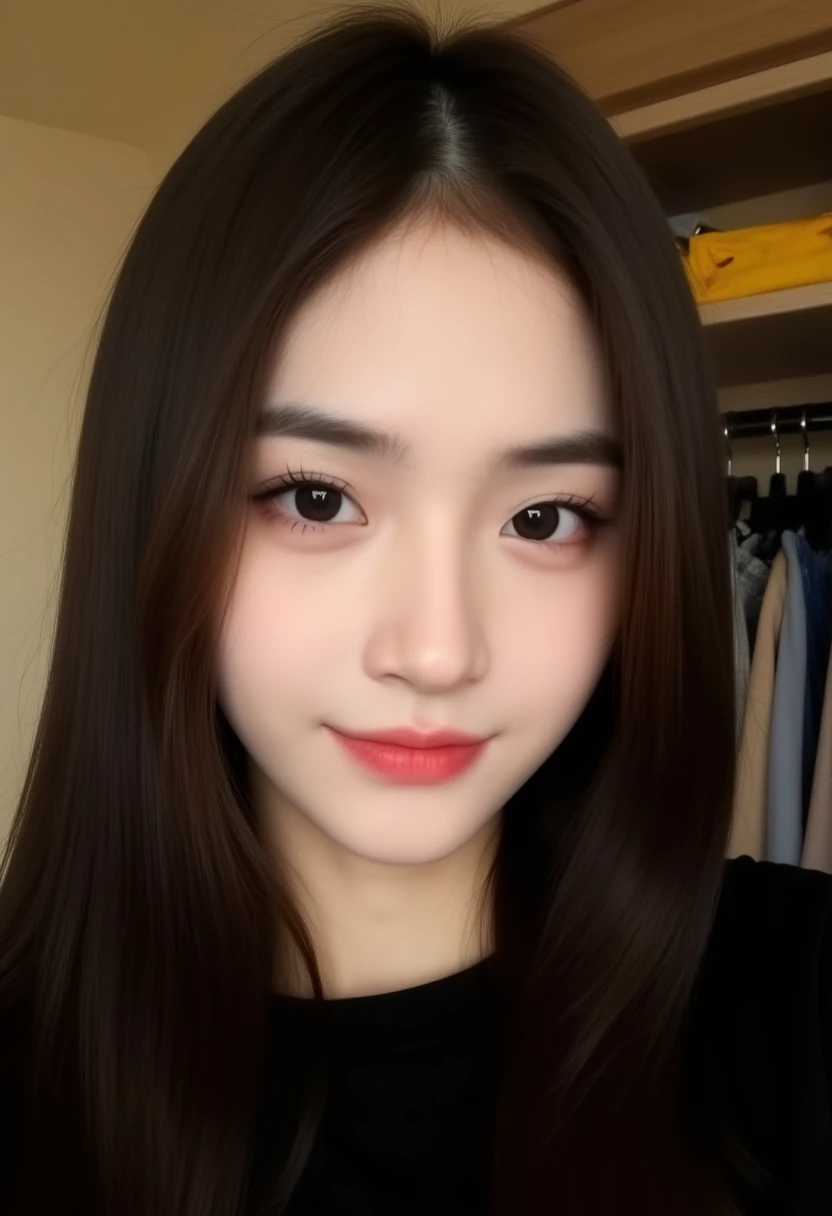 This is a high-resolution photograph of a young Asian woman with a fair complexion and long, straight, dark brown hair that falls past her shoulders. She has large, expressive brown eyes with subtle eyeliner and mascara, and her eyebrows are well-groomed. Her lips are slightly parted, revealing a hint of pink lipstick. The woman is smiling gently, giving a warm and friendly expression. 

She is wearing a black top, possibly a sweater, which is partially visible at the top of the image. The background is slightly blurred but appears to be an indoor setting, possibly a home or a studio, with beige walls and what looks like a closet or storage area in the background. There are a few items in the closet, including a yellow object, possibly a piece of clothing or a book, and a blue object, possibly a bag or a container. The lighting is soft and natural, likely from a window or a lamp, casting a gentle glow on her face. The overall mood of the image is calm and intimate, focusing on the woman's serene and attractive features.