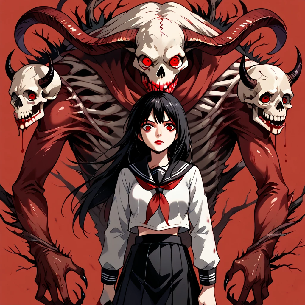 1girl, long hair, black skirt, simple background, black hair, red eyes, gloves, long sleeves, school uniform, cowboy shot, sailor collar, neckerchief, blood, black claws, black nails, red background, horns, long sleeves, black sailor collar, skulls, branch, multiple eyes, goat skull, monster, multiple others, horror, red lips, dripping, red theme 
<lora:Expressive_H:1>,
<lora:Mayonnaise_StrawberryMilk:0.5>