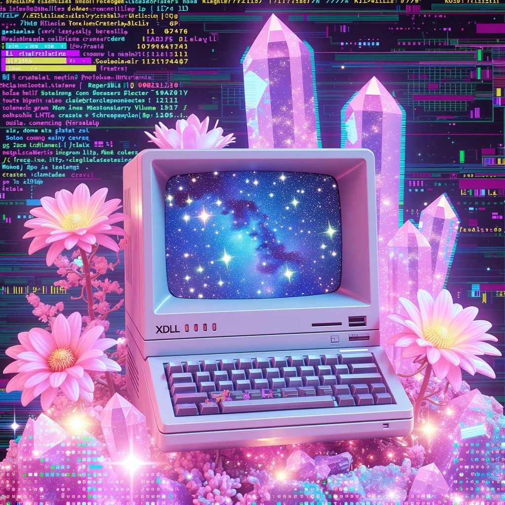 xdlx style, aesthetic digital photo, crystalline retro computer display showing night sky with lots of stars, crystals and flowers, vaporwave aesthetic, graphs, glitched data mosh