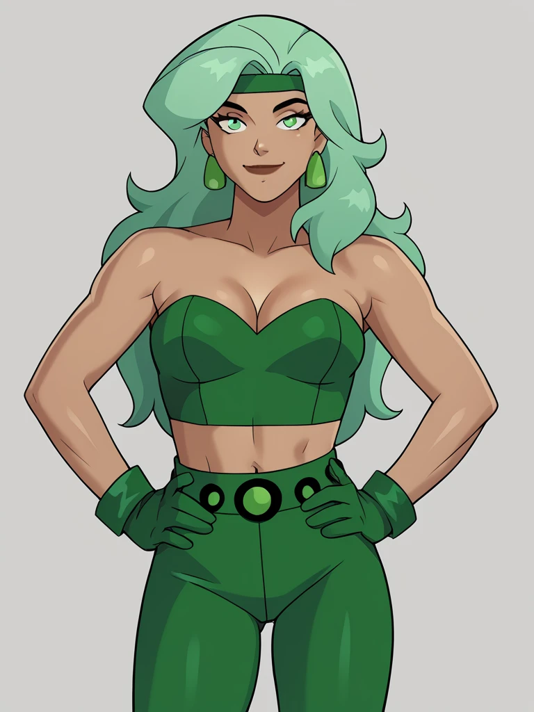 score_9, score_8_up, score_7_up, score_6_up, score_5_up,
beatriz bonilla da costa, long hair, green hair, green eyes, dark-skinned female, headband, earrings, midriff, cleavage, strapless, gloves, green pants
, 1girl, solo, looking at viewer, simple background, small closed-mouth smile, (from head to thigh):1.5, hands on hips
<lora:Nearphotison_-_Pony:1> nearphotison <lora:Fire_-_DC_Animated_Universe:0.9>