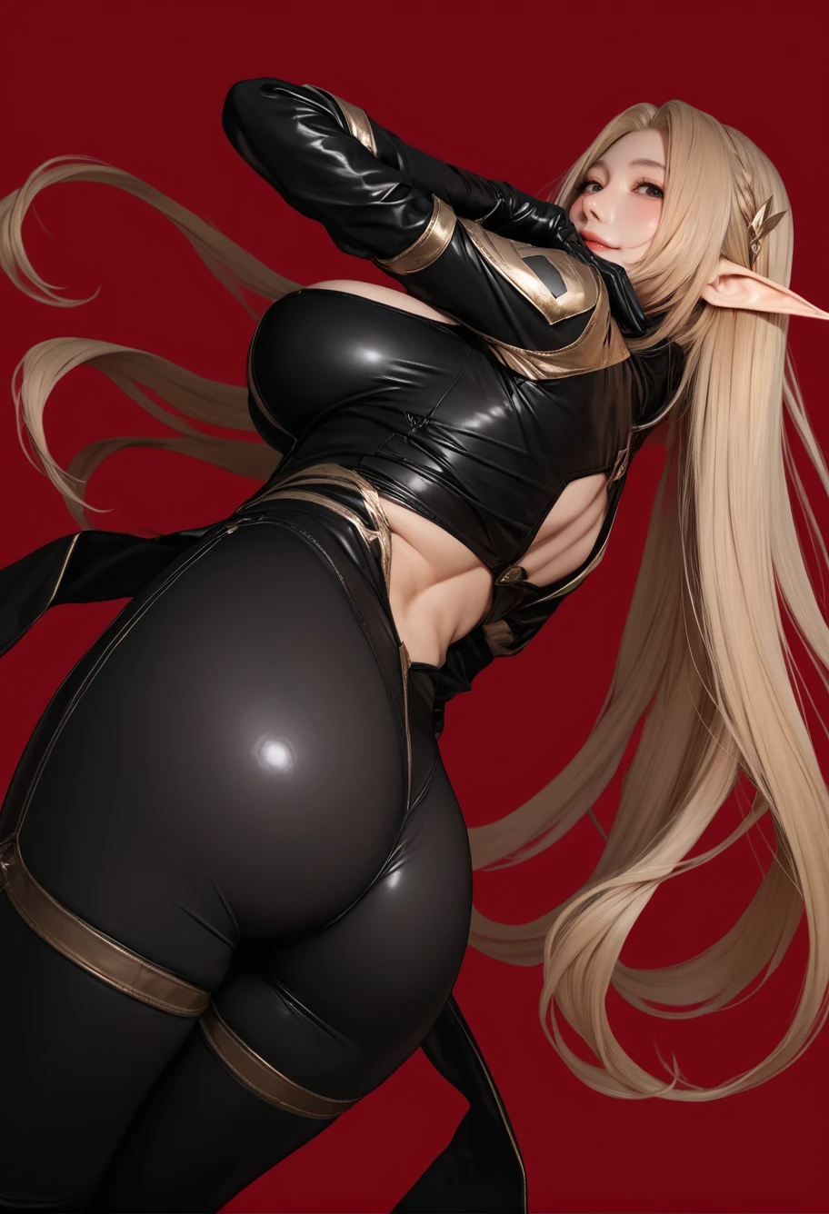 1girl,solo,red background,,ruanyi0907,black bodysuit,black gloves,cleavage cutout,skin tight,
pointy ears,elf,
from behind,ass,looking at viewer,<lora:0907 Elf Girl 3_v1_pony:1>, score_9, score_8_up, score_7_up, score_6_up, score_9, score_8_up, score_7_up,...