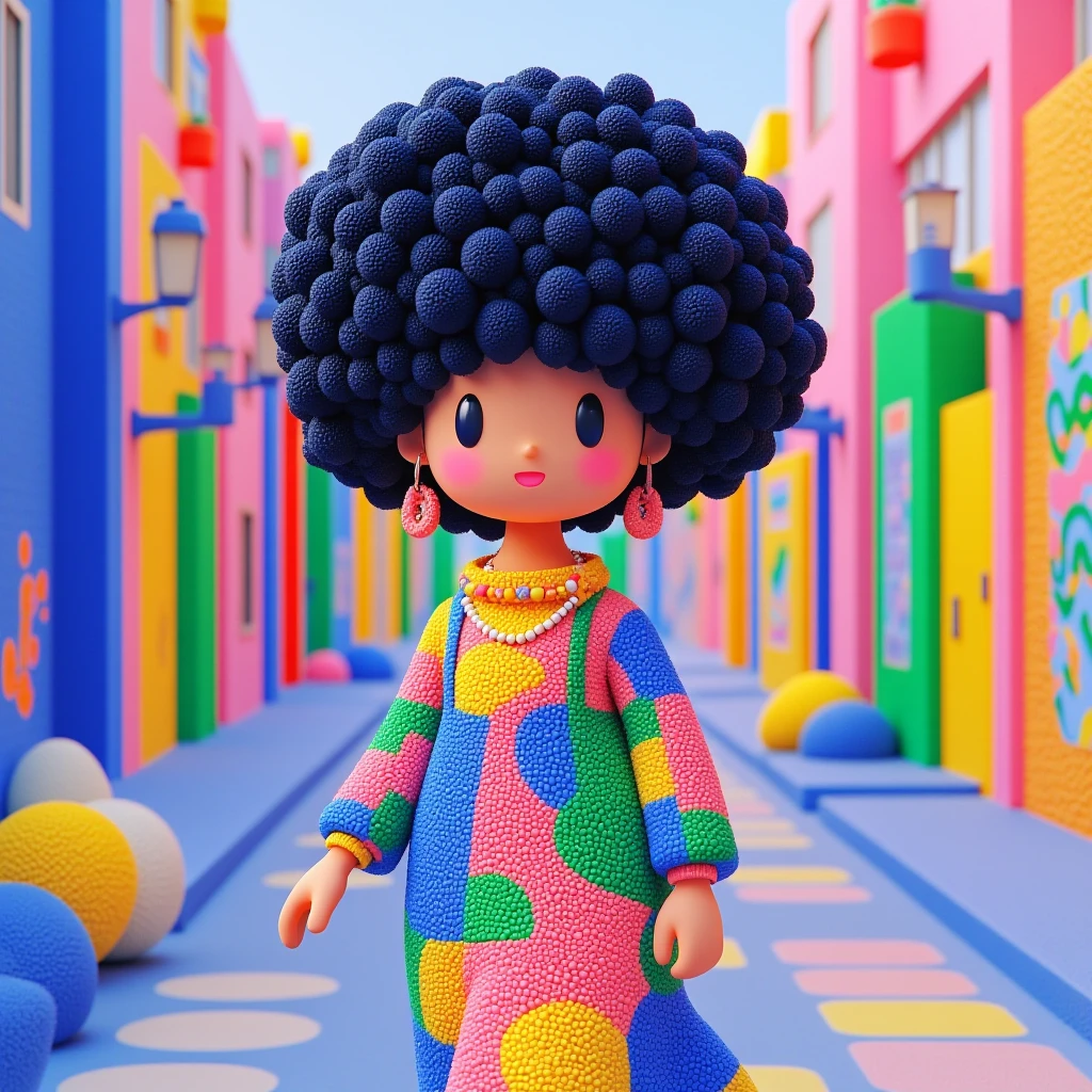 Juaner_cute,
A fashionable young woman with an afro hairstyle, wearing vibrant patterns and jewelry, strutting down a colorful city street lined with graffiti murals.