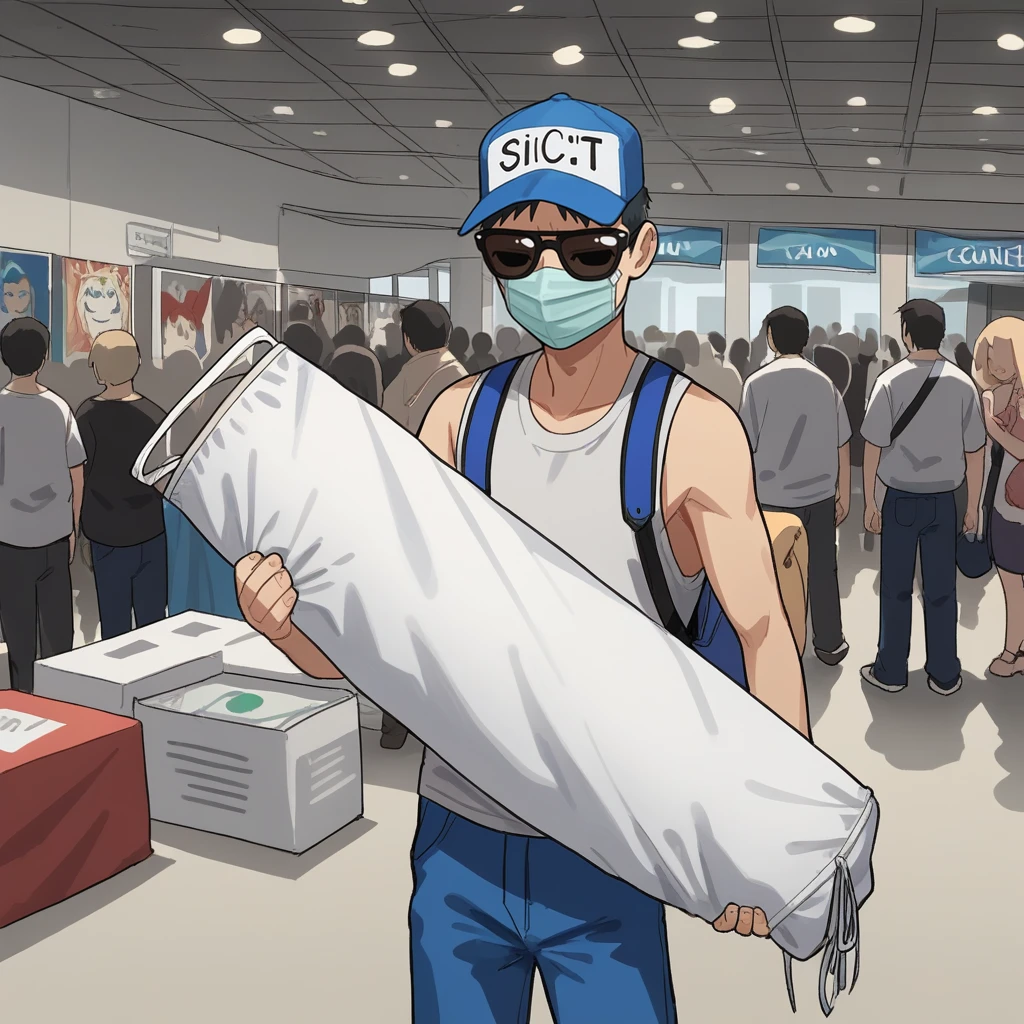 score_9, score_8_up, score_7_up, score_6_up, score_5_up, score_4_up, zPDXL2,source_anime,rating_questionable,cowboy shot,1boy, sunglasses, surgical mask, cap, holding body pillow, <lora:Comic_Convention:0.8> c0.8miccon, comic convention, crowd, indoors, skylight, comics