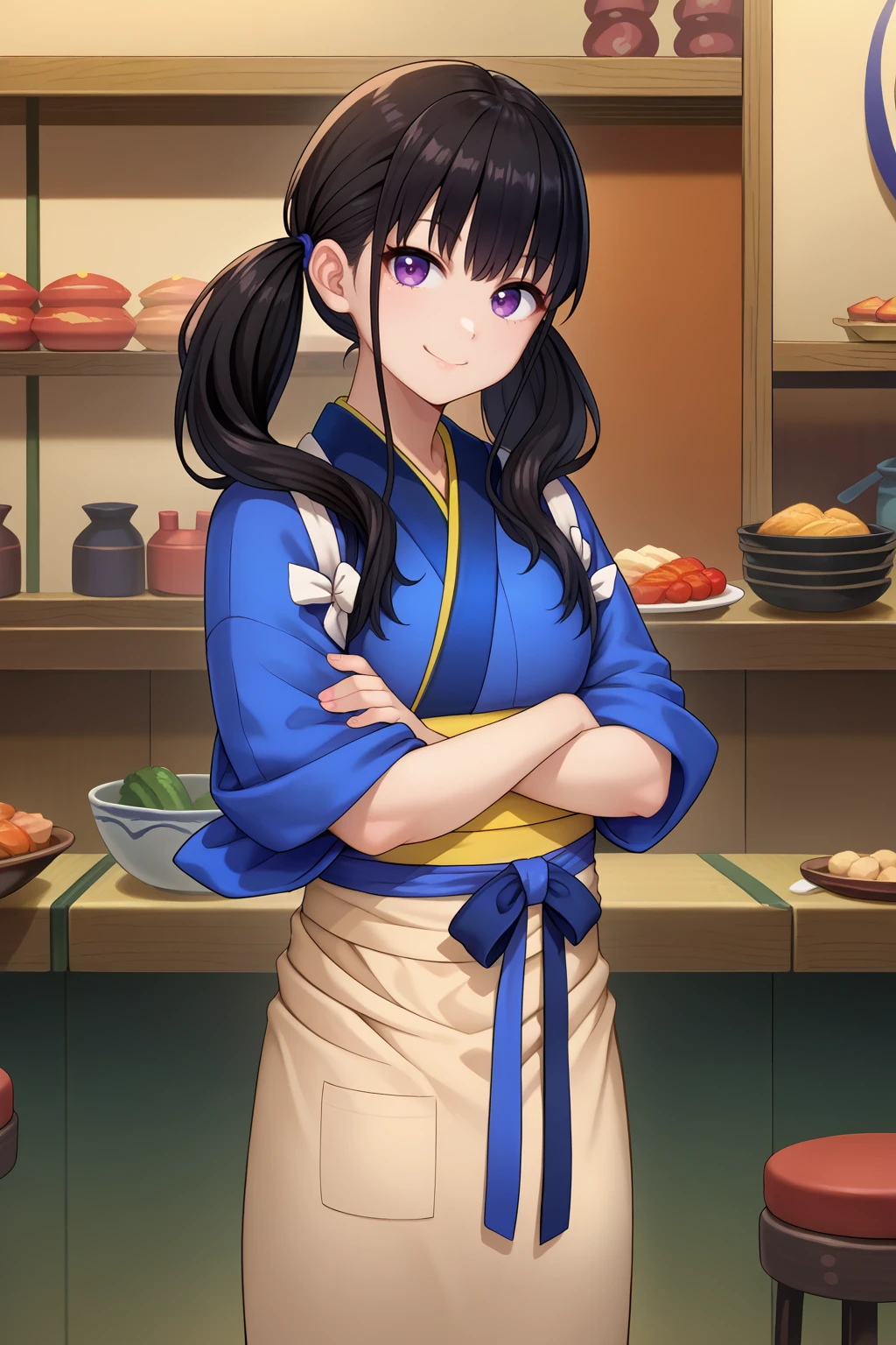 score_9, score_7_up, source_anime, cowboy shot, looking at viewer, smile, inetkn, long hair, black hair, purple eyes, twintails, blue kimono, brown waist apron, crossed arms, indoors, counter, food, stool, tatami, <lora:Hoseki_LycorisRecoil_TakinaInoue_PDXL_v1:1>